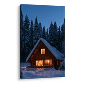 Slika zasnežena gorska koča zvečer - 80x120