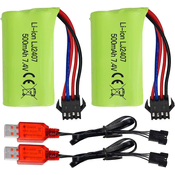 YUNIQUE GREEN-CLEAN Visokohitrostne litijeve baterije 7,4V 500mAh - združljive z EC16 DE85 za daljinsko vodene modele čolnov, ladij in avtomobilov - 2 kosa + USB polnilec