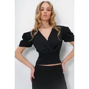 Trend Alacati Stili Ženska bluza kratkih rukava Alc-X13520, V-izrez, Crna
