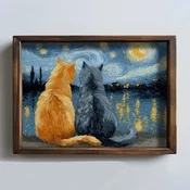 WallXpert uramljena MDF slika NAL170-70, dve macke posmatraju zvezdanu noc nad rekom, 50 x 70 cm