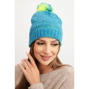 Kesi Womens winter hat with wool in decorative knit and pom-pom K467 denim