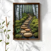 WallXpert uramljena MDF slika NAL083-46, staza od oblutaka kroz mahovinu i brezovu šumu, 35,5 x 47 cm