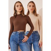 Happiness Istanbul Womens Brown Cream 2-Pack Ribbed Turtleneck Crop Knitted Blouse