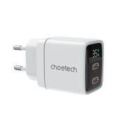 Stenski polnilni adapter Choetech PD6051, z GaN tehnologijo, dvema USB-C izhodoma in prikazom moči polnjenja 35W - bel
