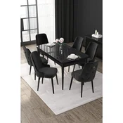 Hanah Home trpezarijski set Nex, sto na razvlacenje i 6 stolica, ploca u dekoru crnog mermera, crna tkanina Babyface