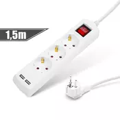 Delight 3-uttični produžni kabel 220V 1,5 m bijeli + 2x USB s prekidačem (20221U)