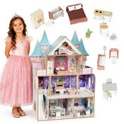Drvena cetvorospratna kucica za lutke Bella Castle, sa 15 komada nameštaja – ECOTOYS