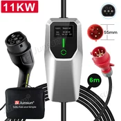 JUNSUN Tip 2 EV električni avtomobilski polnilni kabel – enofazni 11 kW, nastavljiv tok, LCD zaslon, prenosni polnilnik 6 m z vtičem CEE 16A IP67 APP, (22122927)