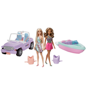 Barbie: Komplet čoln z motorjem in terensko vozilo ter 2 lutki