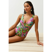 Trendyol Tropical Patterned Deep V Neck Knotted High Leg Regular Swimsuit