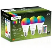 LUMILED 3x LED žarnica E27 A60 9W = 60W 806lm 3000K + RGB večbarvna zatemnilna 260° daljinski upravljalnik