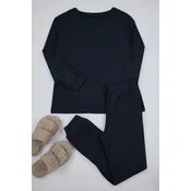 Trendyol Navy Blue Cotton Ribbed Wide Pattern Knitted Pajama Set