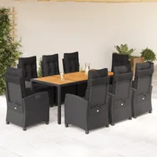9-dijelni vrtni blagovaonski set s jastucima crni od poliratana Crna 190 cm table length