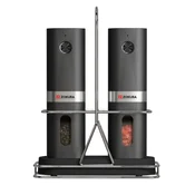 Set of 2 electric grinders for salt and peppercorn, with metal stand i