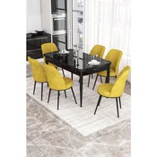 Hanah Home trpezarijski set Via, sto na razvlacenje i 6 stolica, ploca u dekoru crnog mermera, senf žuta tkanina Jerry