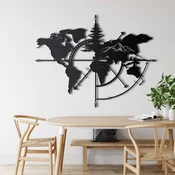 WallXpert metalni zidni ukras 5148, mapa sveta sa ružom kompasa, jelom i planinama, 98 x 75 cm, crni