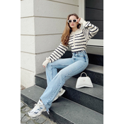 Bianco Lucci Womens Hair Braided Collar Buttonhole Striped Knitwear Sweater