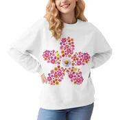 Damski pulover s cvetličnim potiskom, mehak flis, bombaž, okrogel ovratnik, casual, retro, teža nad 400 g, velikost M, bel