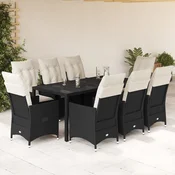 9-dijelni vrtni blagovaonski set s jastucima crni od poliratana Crna 190 x 90 x 75 cm