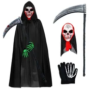 Nikcorp Kostum Reaper za noč čarovnic set 4v1, ogrinjalo s kapuco 140 cm, kosa, maska in fluorescentne rokavice, ki svetijo v temi