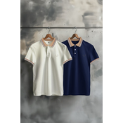 Trendyol Navy Blue-White 2 Pack Slim/Narrow Cut Deer Embroidered 100% Cotton Polo Neck T-Shirt