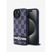 DKNY PU Leather Checkered Pattern and Stripe Zadní Kryt pro iPhone 15 Blue Ovitek za telefon Modra