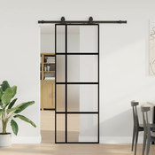 vidaXL Drsna vrata z opremo črna 76x205 cm kaljeno steklo