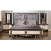 Casa Padrino luxury baroque bedroom set light blue/beige/black/gold - 1 Baroque Double Bed with Headboard & 2 Baroque Bedside Tables - Luxury bedroom furniture in baroque style