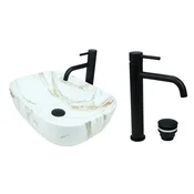 shumee GTM Design Aufsatzwaschbecken 46 cm Glanz Set mit Waschtischbatterie und Stopfen - Aufsatzwaschbecken Oval für Badezimmer - Modern Waschbecken ohne Hahnloch - Waschbecken mit Armature