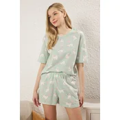 Trendyol Green 100% Cotton Cat and Heart Knitted Pajama Set with Shorts