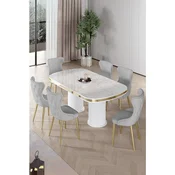 Hanah Home trpezarijski set Galya, sto i 6 stolica, ploca u dekoru belog mermera, zlatne noge, siva tkanina Babyface