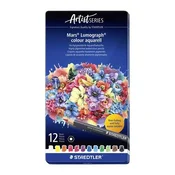 Akvarelni svinčniki, komplet, šesterokotni, pločevinasta škatla, STAEDTLER Mars Lumograph 104, 12 različnih barv, 12 kosov