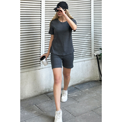 Trend Alaçati Stili Womens Gray Crew Neck Shorts Double Suit