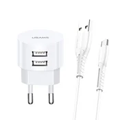 shumee 2,1 A USAMS stenski polnilnik, hitro polnjenje, 2xUSB, bela