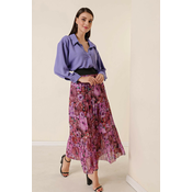 By Saygi Wide Waist, Elastic Lined Chrysanthemum Pattern Tri-Pleat Skirt Purple