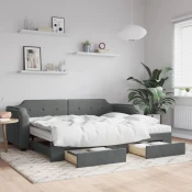 Greatstore Izvlečna dnevna postelja s predali temno siva 90x190 cm blago