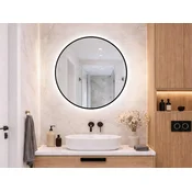 Okroglo ogledalo 80 cm v črnem okvirju, osvetljeno z LED diodo