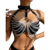 Wild black leather chest punk bondage belt with chain