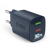 SBS SBS USB + USB-C Gan stenski polnilnik sivo-moder, (5000277591)