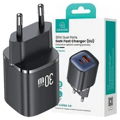USAMS USAMS 30W OMREŽNI POLNILEC USB-C USB-A OVITEK ZA TELEFONE ČRNO, (21974817)