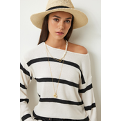 Happiness Istanbul Womens Black Ecru Striped Knitwear Blouse