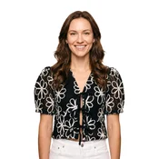 Fulgor Bluza Blusa Celinda com Bordados Florais e Amarraçao Frontal - Preto e Branco črna