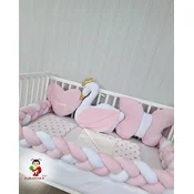 Bubamara037 Set za krevetac sa ogradicom od pletenica, bez lastiša, Belo-Roze