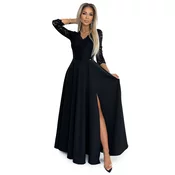 309-11 AMBER lace, elegant long dress with a neckline and leg slit - black