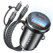 Avtopolnilec 3A Lisen YL02 z USB-A in USB-C vhodom ter priloženim 3v1 USB-C/Lightning v USB-C kablom - črn
