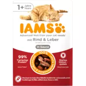 IAMS Mokra hrana za mačke od 1. leta - govedina in jetra v omaki - 85 g