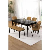 Hanah Home trpezarijski set Pir, sto, 4 stolice i klupa, ploca u dekoru crnog mermera, kapucino tkanina Babyface
