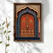 WallXpert uramljena MDF slika NAL045-70, crvena vrata sa zlatnim ornamentima u plavom orijentalnom luku, 50 x 70 cm