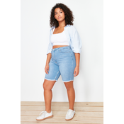 Trendyol Curve Blue Leg Tassel Detailed Stretchy Skinny Denim Shorts