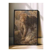 WallXpert uramljena slika 115254, leopard na steni medu zlatnim cvetovima, 50 x 70 cm, crni ram
